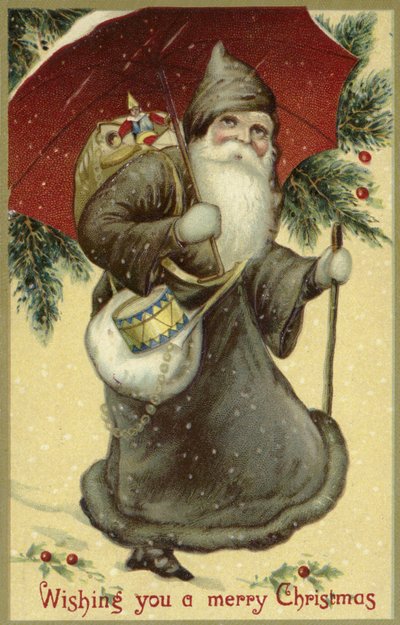 Father Christmas in a Fur Coat, Carrying Presents by English School