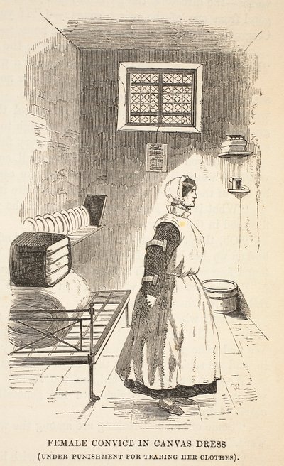 Female convict in canvas dress (under punishment for tearing her clothes), illustration from The Criminal Prisons of London and Scenes from Prison Life by Henry Mayhew and John Binny, pub. 1862 by English School