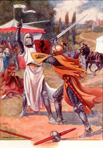 Fighting Knights in Armour. Coloured Illustration from the Book 