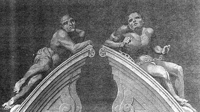 Figures over the Gateway of Bethlehem Hospital, engraved by A. Birrell for Lamberts History of London, 1805 by English School