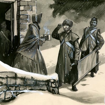 Florence Nightingale greeting soldiers in the snow by English School