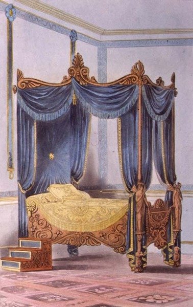 Four-poster bed, plate 186 from Ackermann