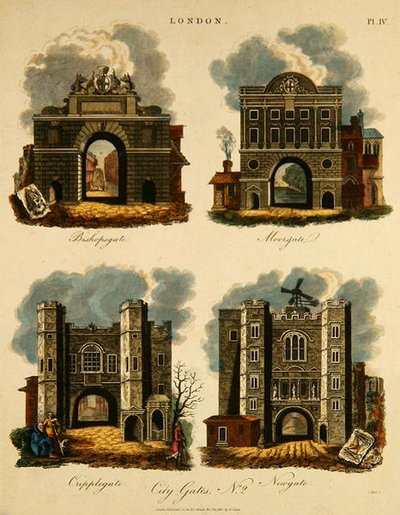 Four City Gates: Bishopsgate, Moorgate, Cripplegate and Newgate, engraved by J. Pass, pub. by G. Jones by English School