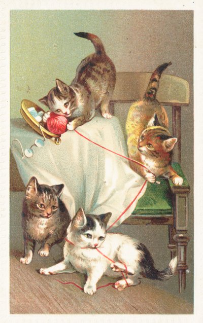 Four Cats Playing with a Ball of Wool by English School