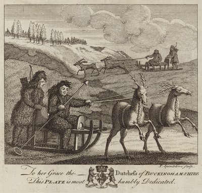 Four eskimo figures driving two reindeer-driven sledges by English School
