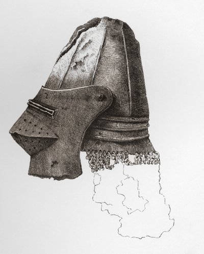 Fourteenth century Visored Bassinet, almost globose, with Camailie attached, from Warwick Castle. From The British Army: Its Origins, Progress and Equipment by English School