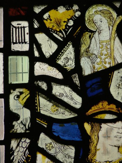 Fragments including a young saint with a bird by English School