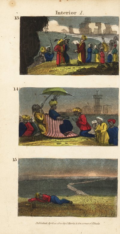 Frederick Horneman Reading the Koran to the Berbers of Siwa Oasis, a Caravan Greeting the Sultan of Fezzan, and a Traveller Left Behind in the Desert by English School