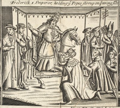 Frederick I, Emperor, holding ye Popes stirrup on ye wrong side, illustration from Acts and Monuments by John Foxe, ninth edition, pub. 1684 by English School