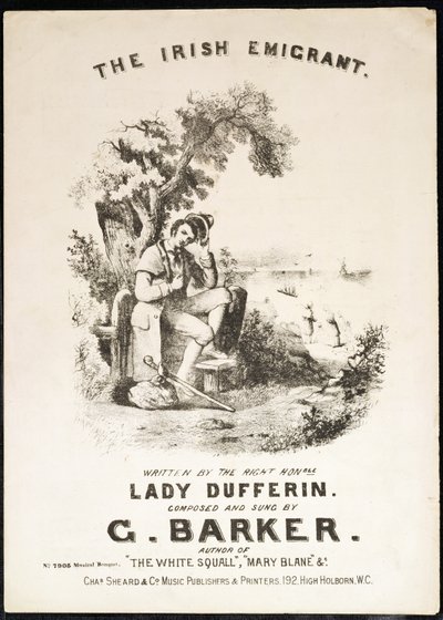 Front cover of music score for The Irish Immigrant, written by Lady Dufferin, composed by G. Barker by English School