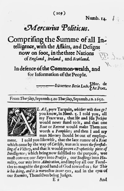 Front Page, from Mercurius Politicus, in Defence of the Commonwealth and for Information of the People, 1650 by English School