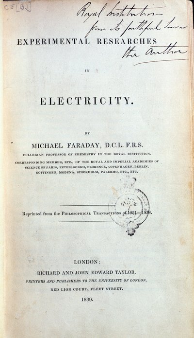 Frontispiece for Experimental Researches in Electricity by Michael Faraday published 1839 by English School