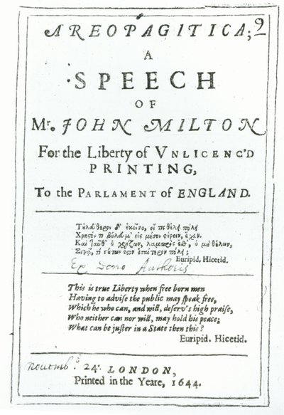Frontispiece of Areopagitica, a speech of John Milton published in 1644 by English School