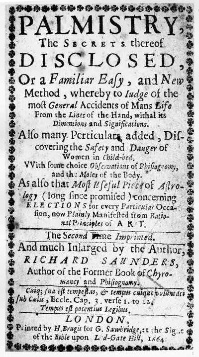 Frontispiece to Palmistry, the Secrets Thereof Disclosed by Richard Saunders, 1664 by English School