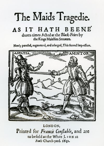 Frontispiece to The Maids Tragedy by Sir Francis Beaumont and John Fletcher, 1622 by English School