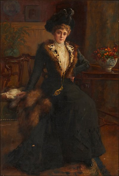 Full Length Portrait of a Young Woman in Fur-Lined Dress by English School