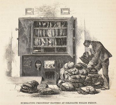 Fumigating prisoners clothes at Coldbath Fields Prison, illustration from The Criminal Prisons of London and Scenes from Prison Life by Henry Mayhew and John Binny, pub. 1862 by English School