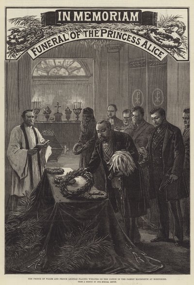 Funeral of the Princess Alice, the Prince of Wales and Prince Leopold placing Wreaths on the Coffin in the Family Mausoleum at Rosenhohe by English School