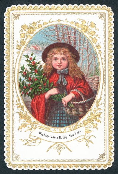 Girl holding bunch of holly by English School