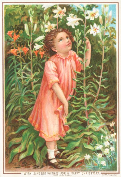 Girl smelling lilies in the garden by English School