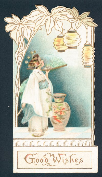 Geisha Girl looking at lanterns, Christmas Card by English School