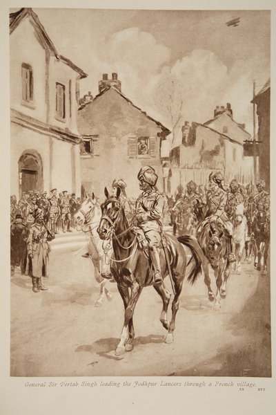 General Sir Pertab Singh Leading the Jodhpur Lancers through a French Village, 1914-19 by English School