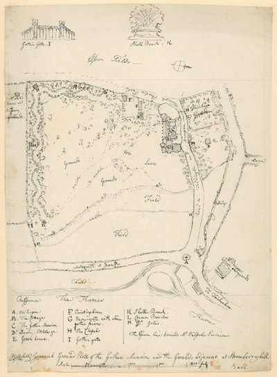 General ground plan of the gothic mansion and the grounds adjacent at Strawberry Hill, Twickenham, London by English School