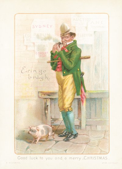 Gentleman smoking pipe and walking pig by English School