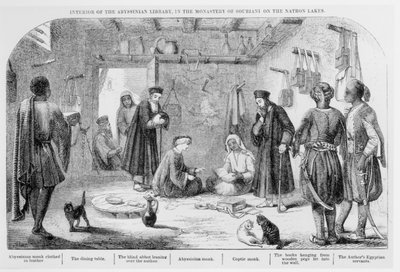 George Curzon inspecting books at the Abyssinian library in the monastery of Souriani, from Visits to Monasteries in the Levant, published 1849 by English School