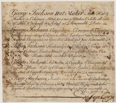 George Jackson, Hat Maker, Coleman Street, London by English School