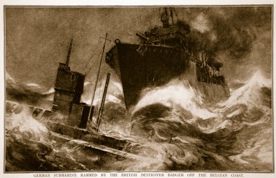 German Submarine Rammed by the British Destroyer Badger off the Belgian Coast by English School