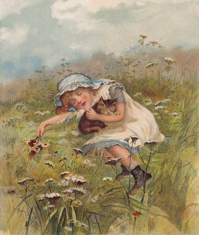 Girl and a Cat Asleep in a Field by English School