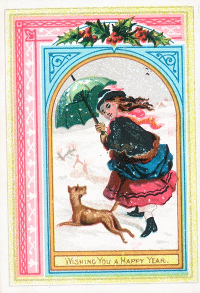 Girl and dog running in the snow by English School
