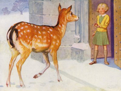 Girl Feeding a Deer in the Snow by English School