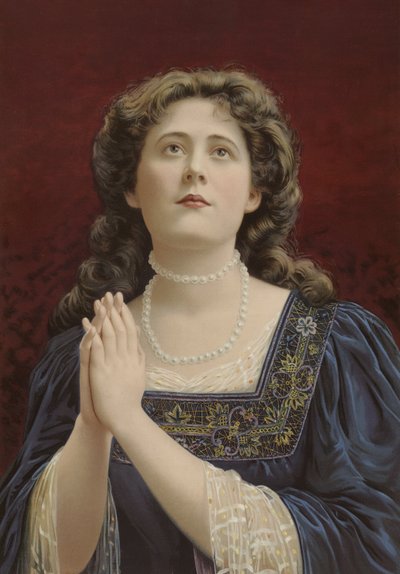 Girl in Blue Dress, Wearing Pearls, Hands Clasped by English School