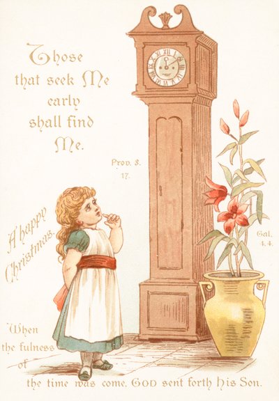 Girl looking at Grandfather Clock by English School