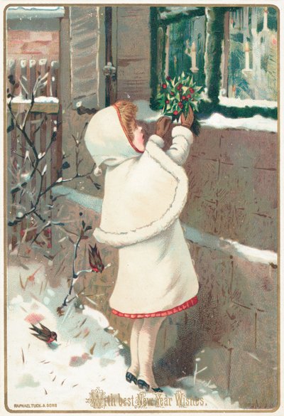 Girl placing holly on window ledge by English School