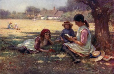 Girl reading a fairy tale to other children by English School