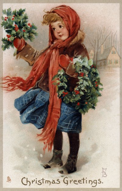 Girl selling holly and Christmas wreaths by English School