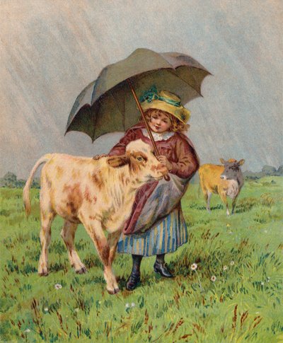 Girl Sheltering a Calf from the Rain by English School