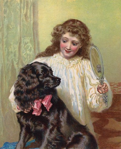Girl showing her pet dog its reflection in a mirror by English School