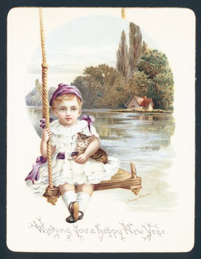 Girl sitting on swing with cat by English School