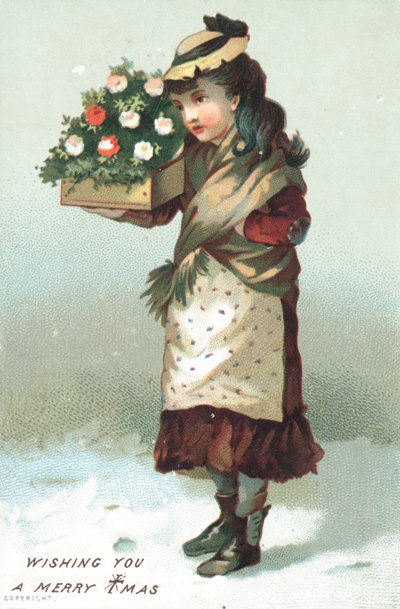 Girl walking in the snow carrying box of flowers by English School