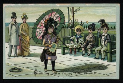 Girl with a Large Parasol Walking Along a Seaside Promenade, Christmas Greetings Card by English School