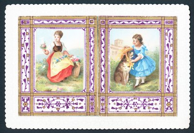 Girl with flowers and putting hat on dog by English School
