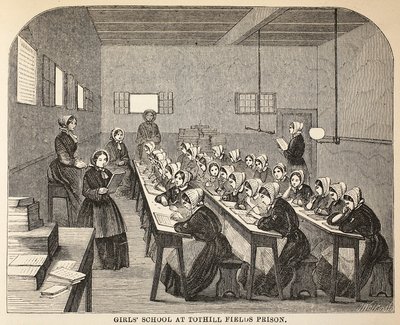 Girls school at Tothill Fields Prison, illustration from The Criminal Prisons of London and Scenes from Prison Life by Henry Mayhew and John Binny, pub. 1862 by English School