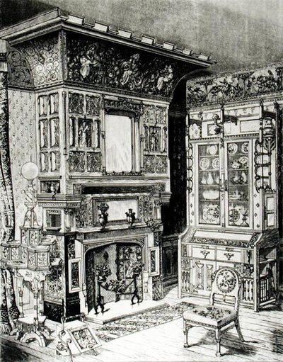 Gothic cabinet and a highly decorated chimney piece from part of a room set by Cox & Sons for Philadelphia by English School