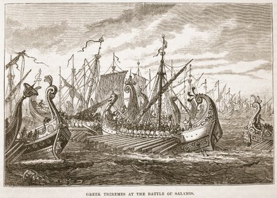 Greek Triremes at the Battle of Salamis by English School