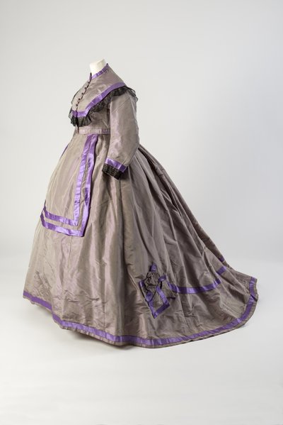 Grey silk taffeta dress trimmed with black lace and purple silk satin by English School