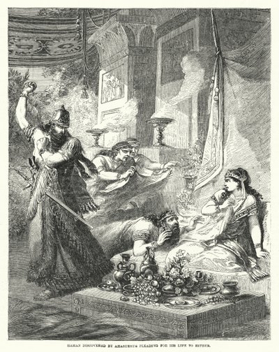 Haman Discovered by Ahasuerus Pleading for His Life to Esther (engraving) by English School